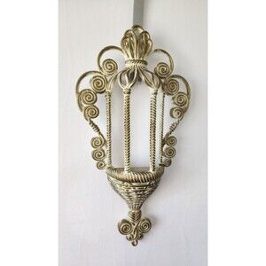 Vintage Burwood Products White/Gold Faux Rattan Wall Pocket Planter Plaque Decor
